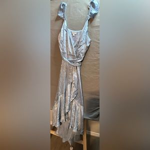 Sky blue satin wrap dress very soft ruffles on shoulder straps